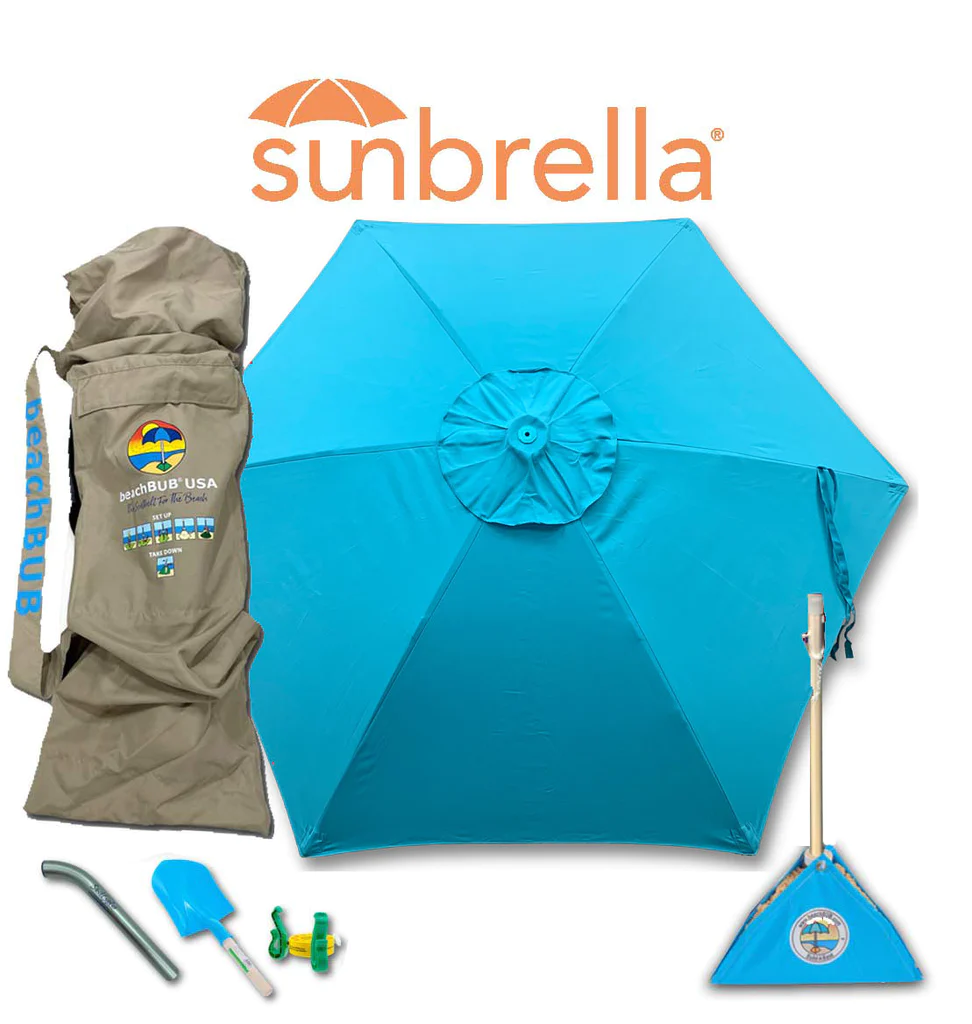 beachBUB all in one umbrella system in a teal blue with all package items